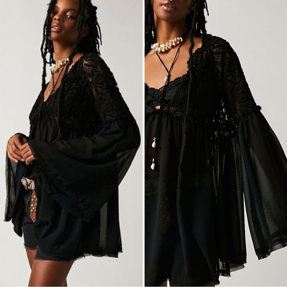 Free People Magdalene Crochet Babydoll Tunic Sz M Sheer Layering Bell Sleeve Top - Picture 1 of 10